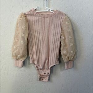 Pink Ribbed Baby Bodysuit with Sheer Sleeves